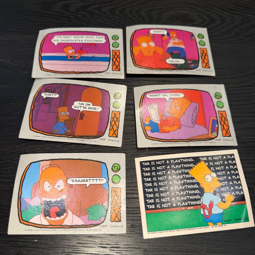 Vintage 1990 Topps The Simpsons Trading Card Lot of 6 Bart Homer Matt‎ G